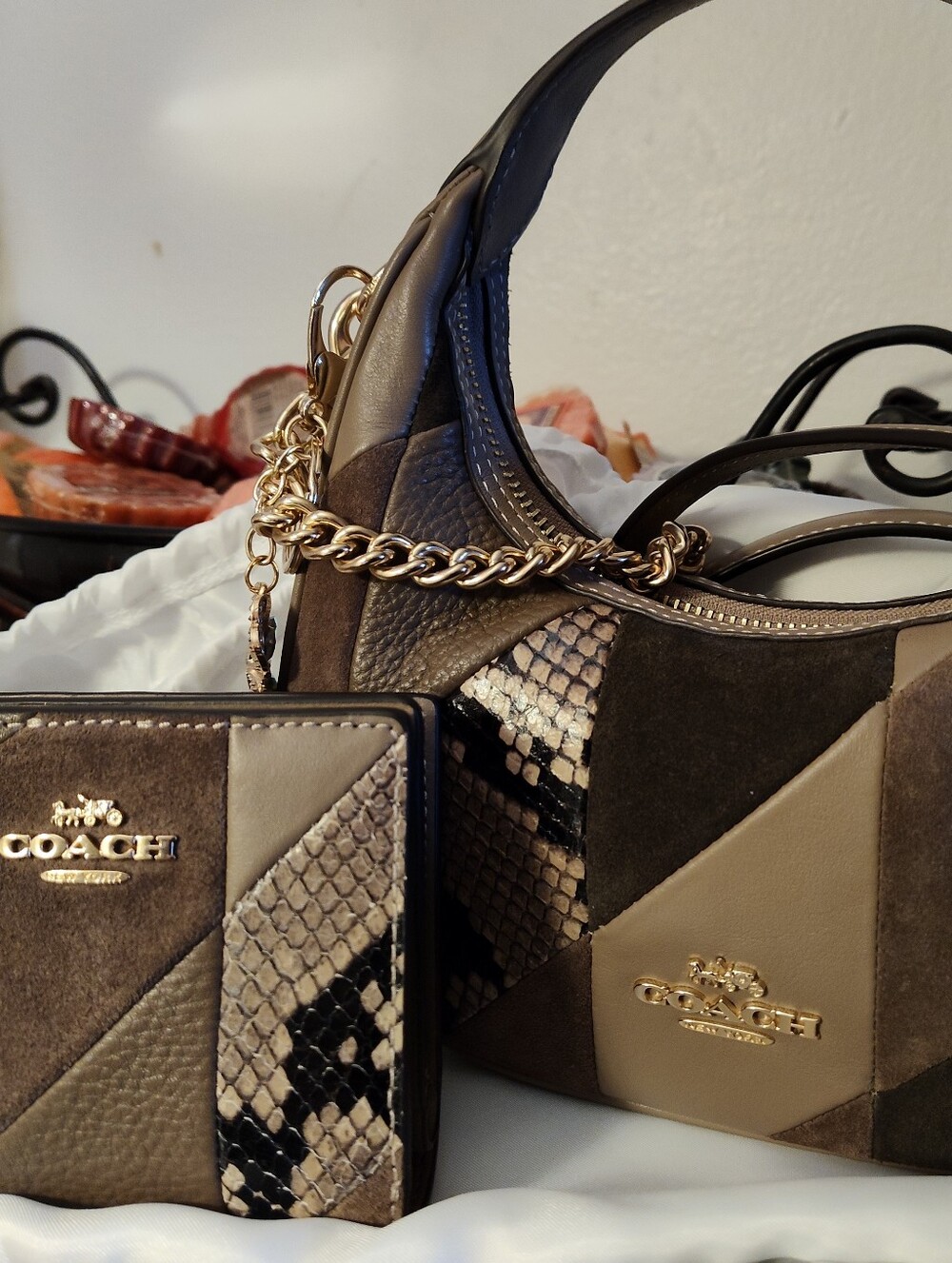 Coach Carmen Patchwork Snake-Trim. Bag & Wallet — Brown and Taupe NWT